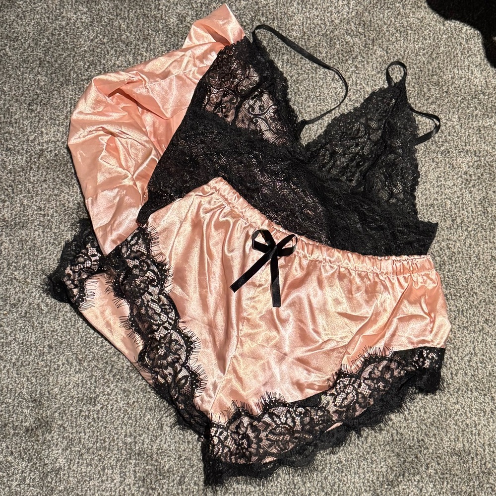 Satin Lace Cami, Short & Robe Pajama Set - Blush Pink & Black